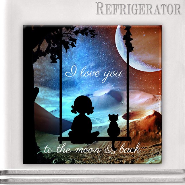 Romantischer Kitty Moonlight Liebe Magnet (Magnet featuring a little girl and her kitty on a swing overlooking a fantasy landscape with moon)