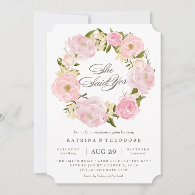 Romantischer Kranz sagte sie ja Verlobung Einladun Einladung (Vorderseite)