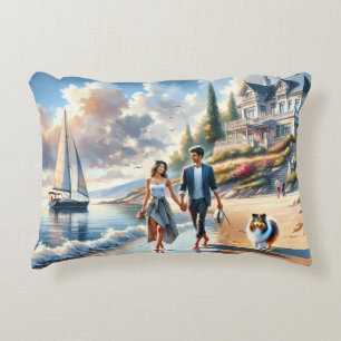 Romantischer Küsten-Cottage-Sonnenuntergangsspazie Dekokissen