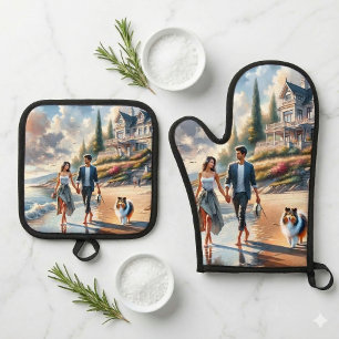 Romantischer Küsten-Cottage-Sonnenuntergangsspazie Ofenhandschuh & Topflappen-Set