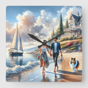 Romantischer Küsten-Cottage-Sonnenuntergangsspazie Quadratische Wanduhr