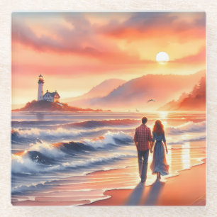 Romantischer Küsten-Sonnenuntergang-Leuchtturm-Spa Glasuntersetzer