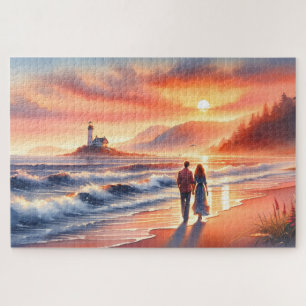 Romantischer Küsten-Sonnenuntergang-Leuchtturm-Spa Puzzle