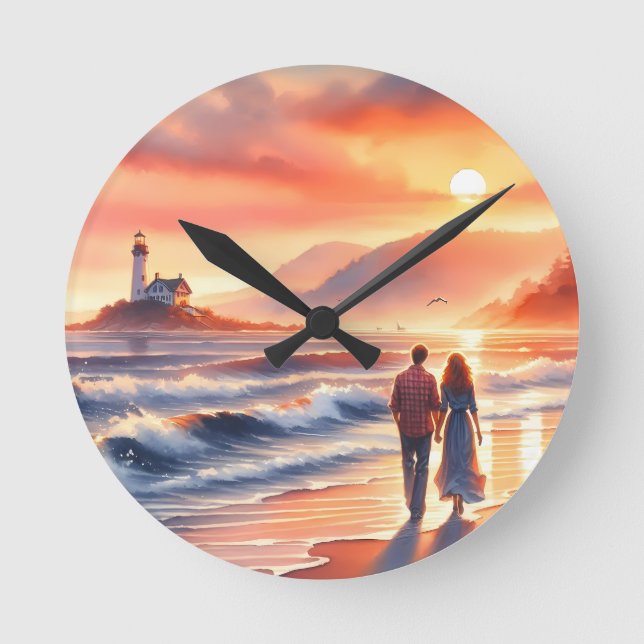 Romantischer Küsten-Sonnenuntergang-Leuchtturm-Spa Runde Wanduhr (Vorderseite)