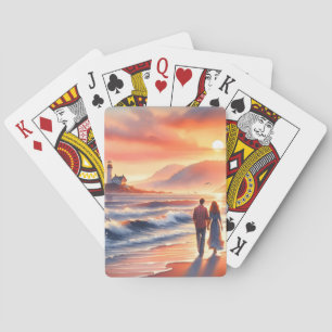 Romantischer Küsten-Sonnenuntergang-Leuchtturm-Spa Spielkarten