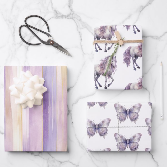 Romantischer Lavendel Weißes Pferd Streifen Geburt Geschenkpapier Set (Vorderseite)