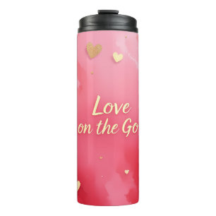 Romantischer 'Liebe unterwegs' Rosa und Gold Herz Thermosbecher