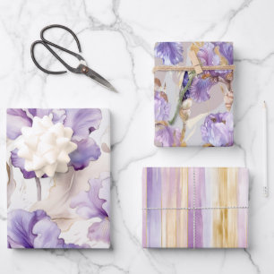 Romantischer lila Creme-Iris-Blumen-Brautstrauß Geschenkpapier Set
