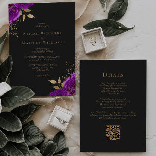 Romantischer lila-goldener Blumen-Hochzeit QR-Code Einladung