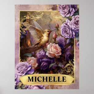 Romantischer lila Kolibri und Rosen Fantasy Poster