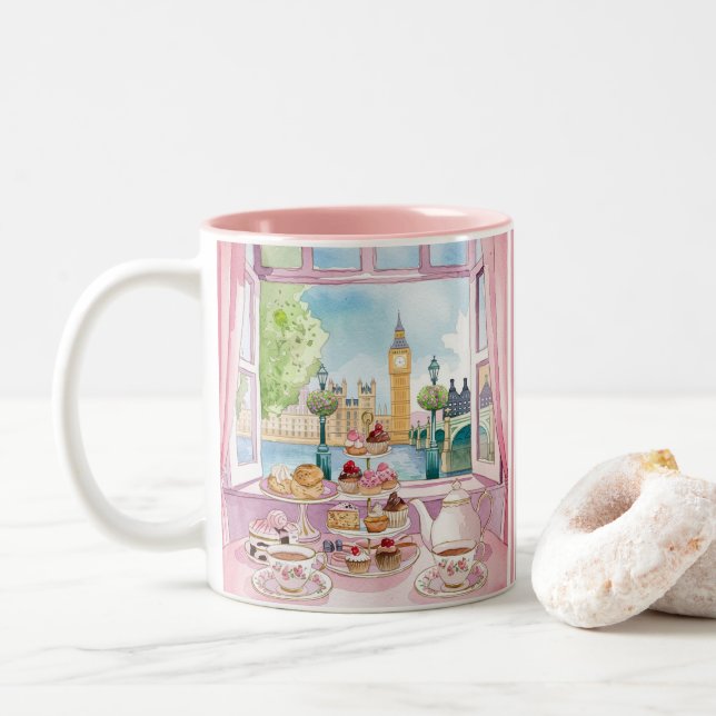 Romantischer Londoner Kaffee Tee & Cake Pink Wasse Zweifarbige Tasse (Mit Donut)