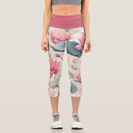 Romantischer Lotus in Rosa, Creme und Weich Grün Capri Leggings