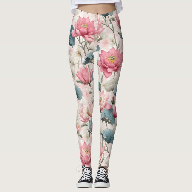 Romantischer Lotus in Rosa, Creme und Weich Grün Leggings (Vorderseite)
