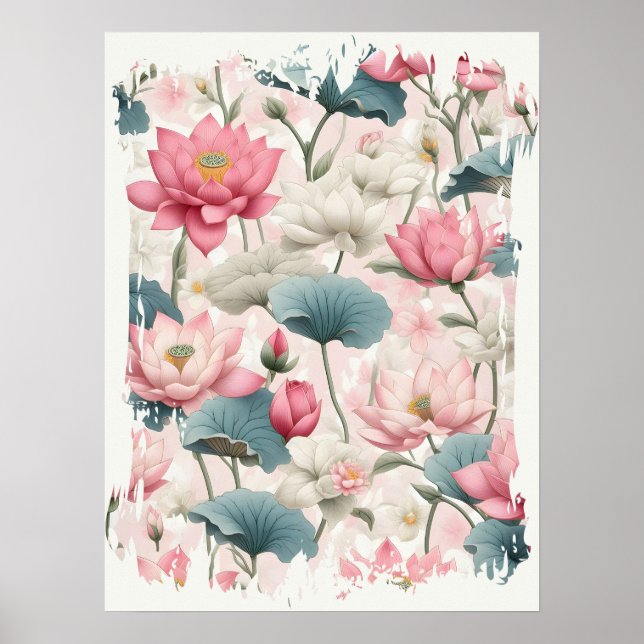 Romantischer Lotus in Rosa, Creme und Weich Grün Poster (Vorne)