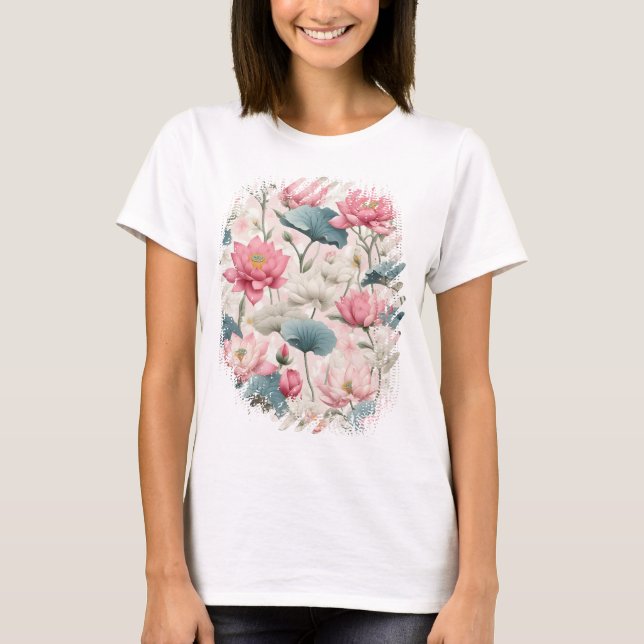 Romantischer Lotus in Rosa, Creme und Weich Grün T-Shirt (Vorderseite)