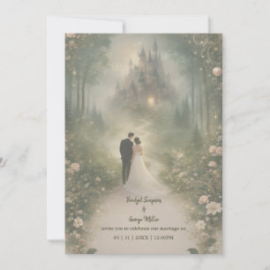 Romantischer Märchenschloss-Waldweg-Hochzeit Einladung