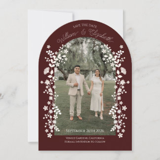 Romantischer Maroon Floral Arch Save the Date Einladung
