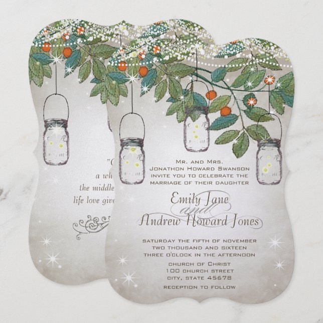 Romantischer Mason Jar Aquamarin Aqua Coral Einladung (Vorne/Hinten)