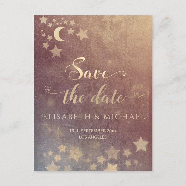 Romantischer Mond und Stars Kalligraphie anno Ankündigungspostkarte (Vorderseite)