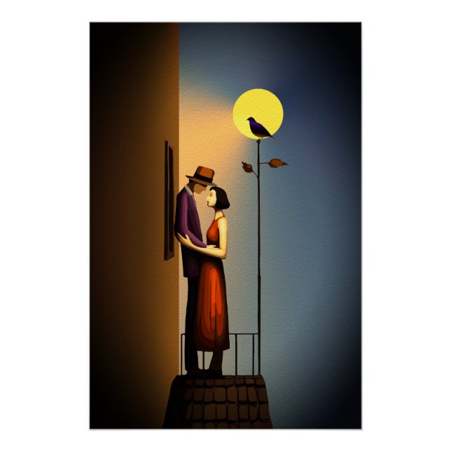 Romantischer Mondlichtbalkon - Vintage Noir Liebe Poster (Vorderseite)