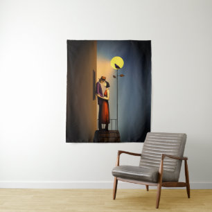 Romantischer Mondlichtbalkon - Vintage Noir Liebe Wandteppich