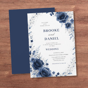 Romantischer Navy-Blumenkranz Silber Glitter Hochz Einladung
