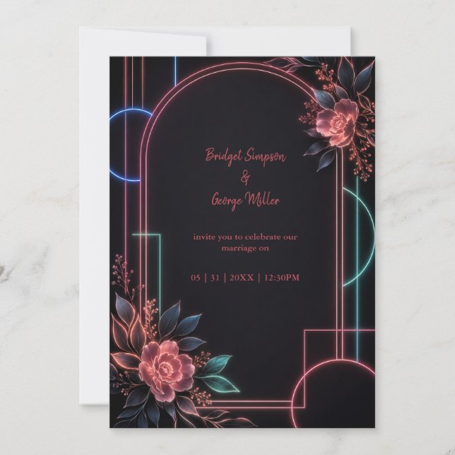 Romantischer Neon-Blumen-Hochzeitsbogen-Glanz Einladung (Vorderseite)