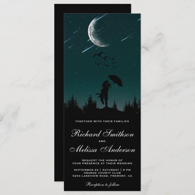 Romantischer Night Sky, Moon & Shooting Stars Hoch Einladung (Vorne/Hinten)