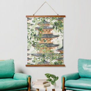 Romantischer Pagodenwald Koralle Chinoiserie Wandteppich Mit Holzrahmen