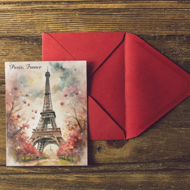 Romantischer Pariser Eiffelturm Wasserfarben Postkarte (Romantic Paris Eiffel Tower Watercolor Floral Postcard)
