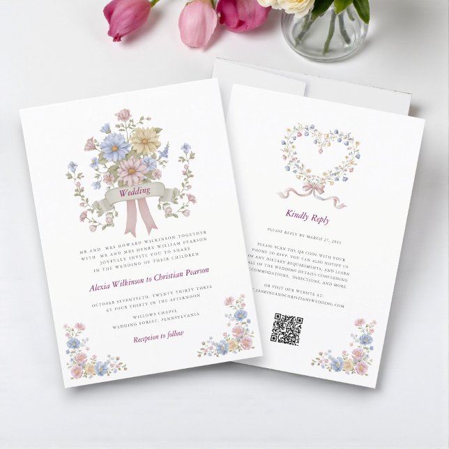 Romantischer pastellfarbener Blumen-Hochzeits-QR-C Einladung (Von Creator hochgeladen)