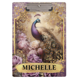 Romantischer Pfau und lila Rosen Fantasy Klemmbrett