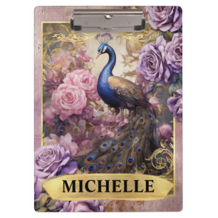 Romantischer Pfau und lila Rosen Fantasy Klemmbrett