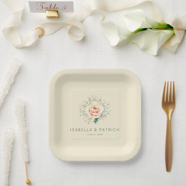 Romantischer Pfirsich-Blumenkranz Pappteller (Hochzeit)