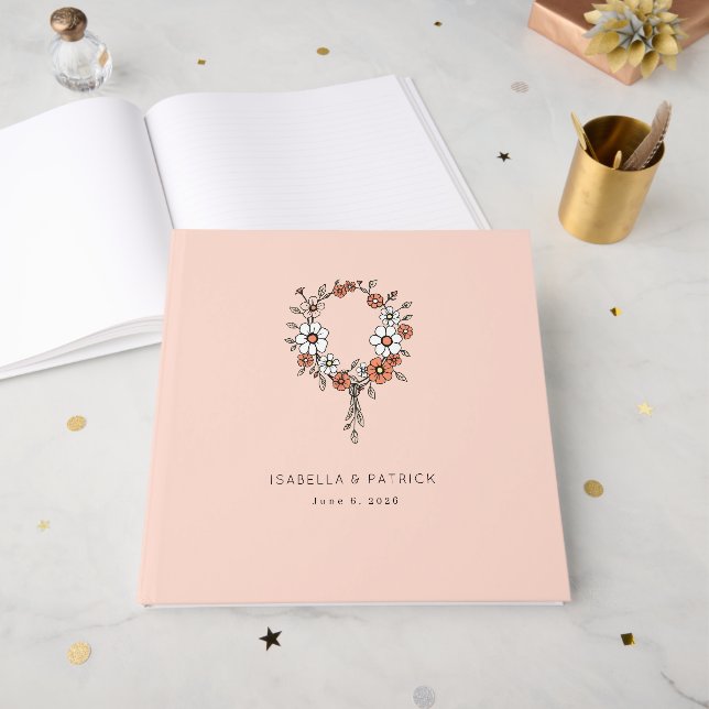 Romantischer Pfirsich Vintage-Blumenkranz Gästebuch (Vorderseite offen)