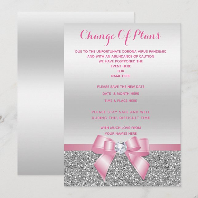 Romantischer Pink Bow & Silver Glitzer Plan Einladung (Vorne/Hinten)