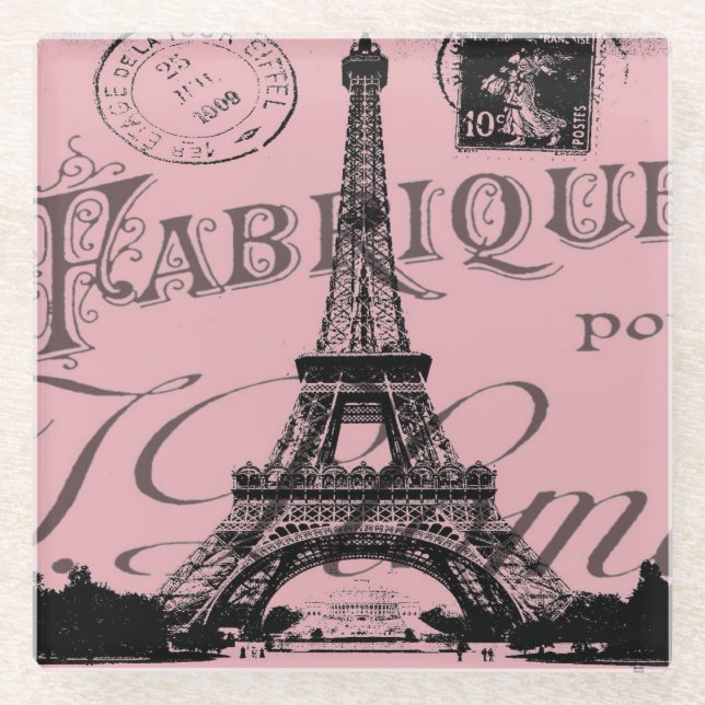 romantischer Pink-Französisch-Vintag-Paris-Eiffelt Glasuntersetzer (Vorderseite)