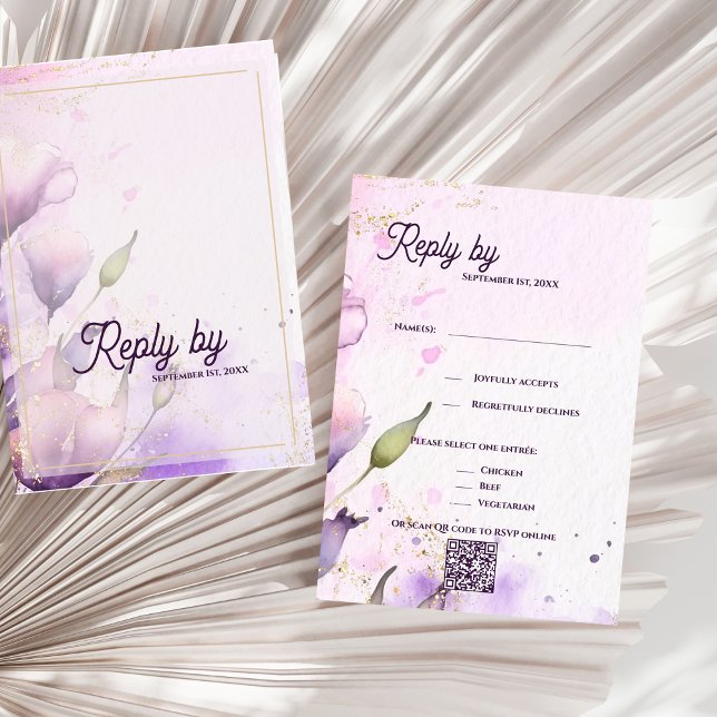 Romantischer QR-Code Lavendel Gold Blumenhochzeit RSVP Karte (Romantic QR Code Lavender Gold Floral Wedding RSVP Card)