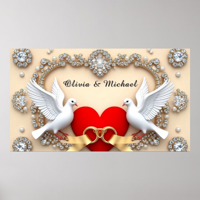 Romantischer Rahmen für das Hochzeitsherz mit Taub Poster (Vorne)