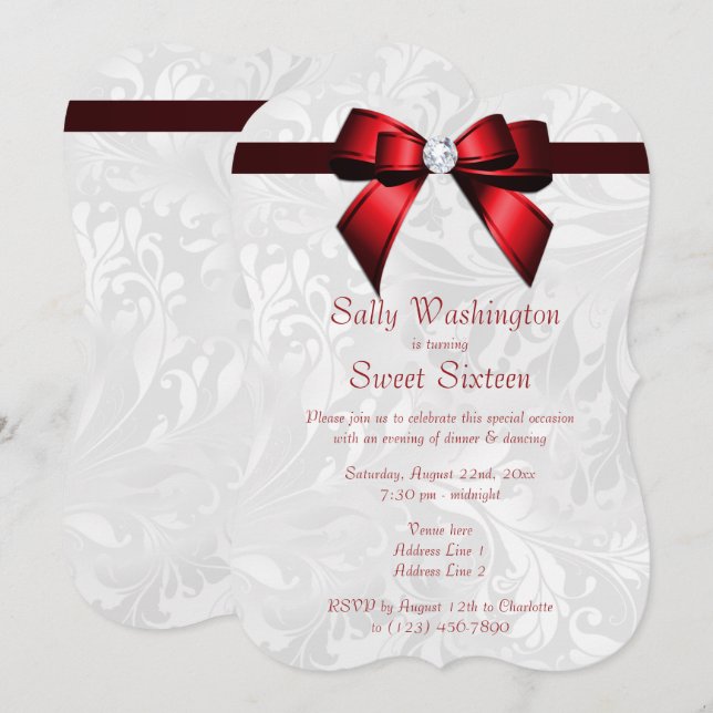 Romantischer Red Diamond Bow & Damask Sweet 16 Einladung (Vorne/Hinten)