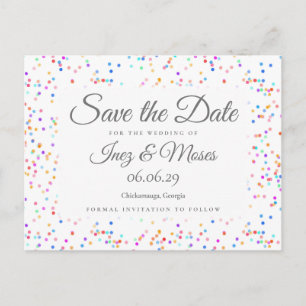 Romantischer Regenbogen Confetti Save the Date Postkarte