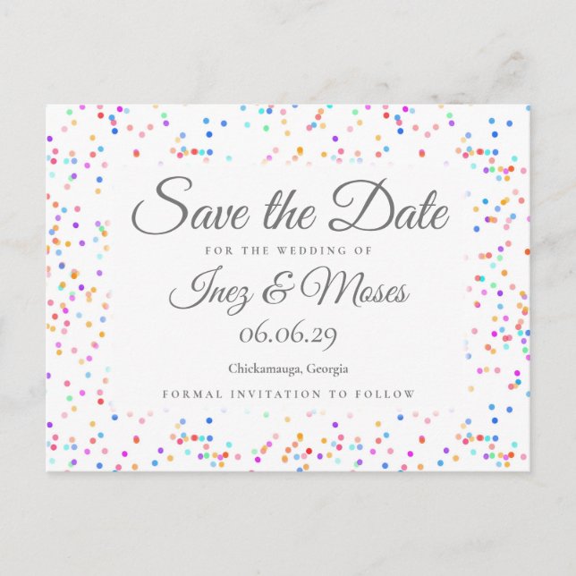 Romantischer Regenbogen Confetti Save the Date Postkarte (Vorderseite)