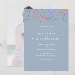 Romantischer Regenbogen Konfetti Dusty Blue Foto-H Einladung
