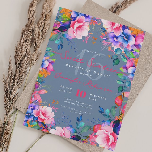 Romantischer Regenbogengarten Blumenkraut 16 Dusty Einladung (Romantic Rainbow Garden Floral Sweet 16 Dusty Blue Invitation)