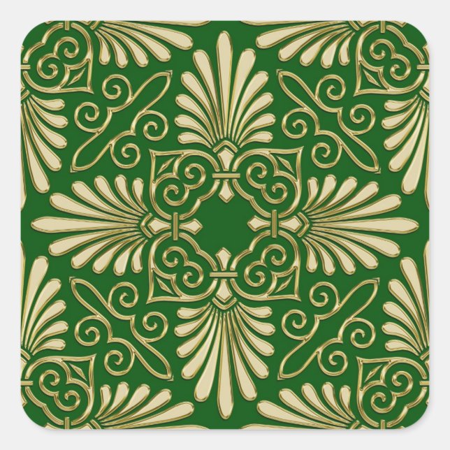 Romantischer Retro Art Deco Damask Green Gold 01 Quadratischer Aufkleber (Vorderseite)