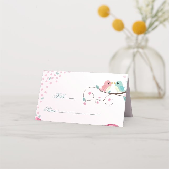 Romantischer Rosa & Blau Liebesvogel botanisch Platzkarte (Vorderseite)
