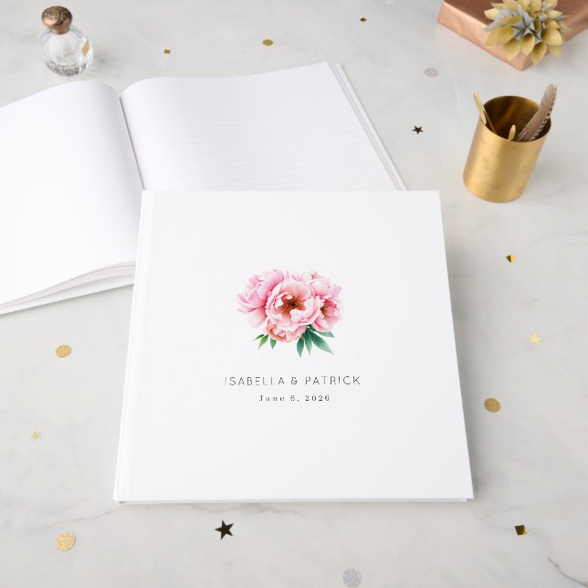 Romantischer rosa Blumenstrauß Gästebuch (Vorderseite offen)
