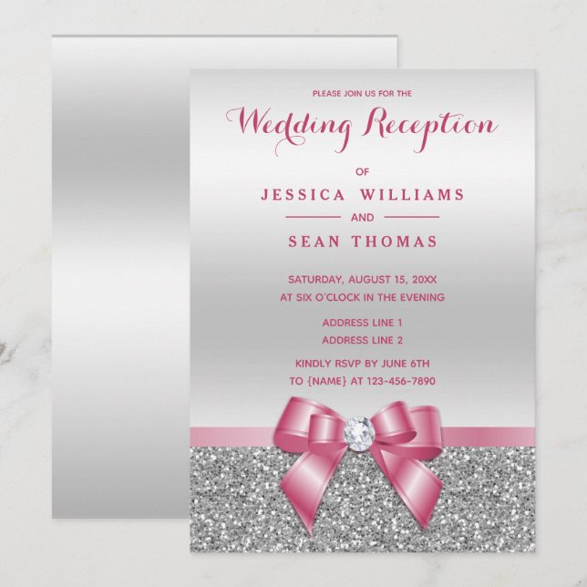 Romantischer rosa Bogen, silberner Glitzer-Empfang Einladung (Vorne/Hinten)