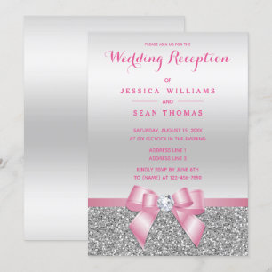 Romantischer Rosa Bow Silver Glitzer Hochzeitsempf Einladung