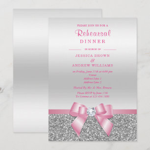 Romantischer Rosa Bow Silver Glitzer Probe Abendes Einladung